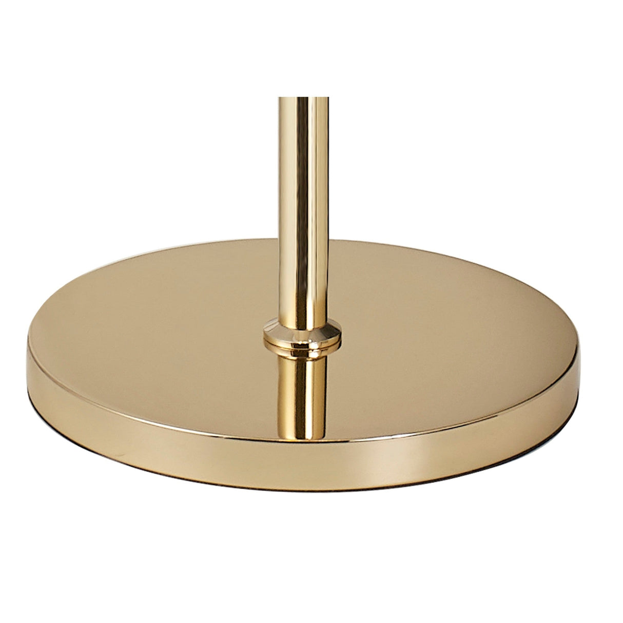 Close-up of the round, shiny gold base and central pole of the Freida 3 Light Crystal Floor Lamp with Cream Shade, showcasing its sleek and elegant design.