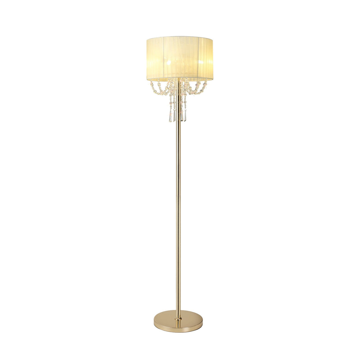 The Freida 3 Light Crystal Floor Lamp features a gold finish, round base, slender pole, and cream shade. Dimmable with hanging crystal beads below the shade for an elegant, chandelier-like look.