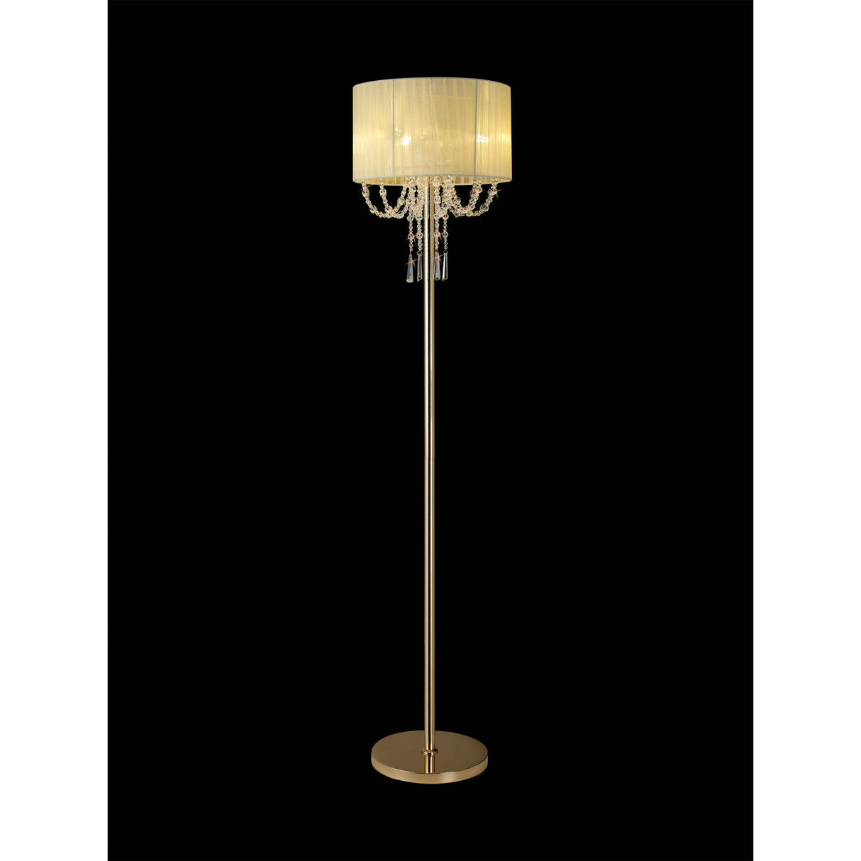 The Freida 3 Light Crystal Floor Lamp features a gold finish, cream drum shade, and sparkling crystal beads and pendants beneath the shade for chandelier-like elegance. Perfect as an elegant statement piece for any space.