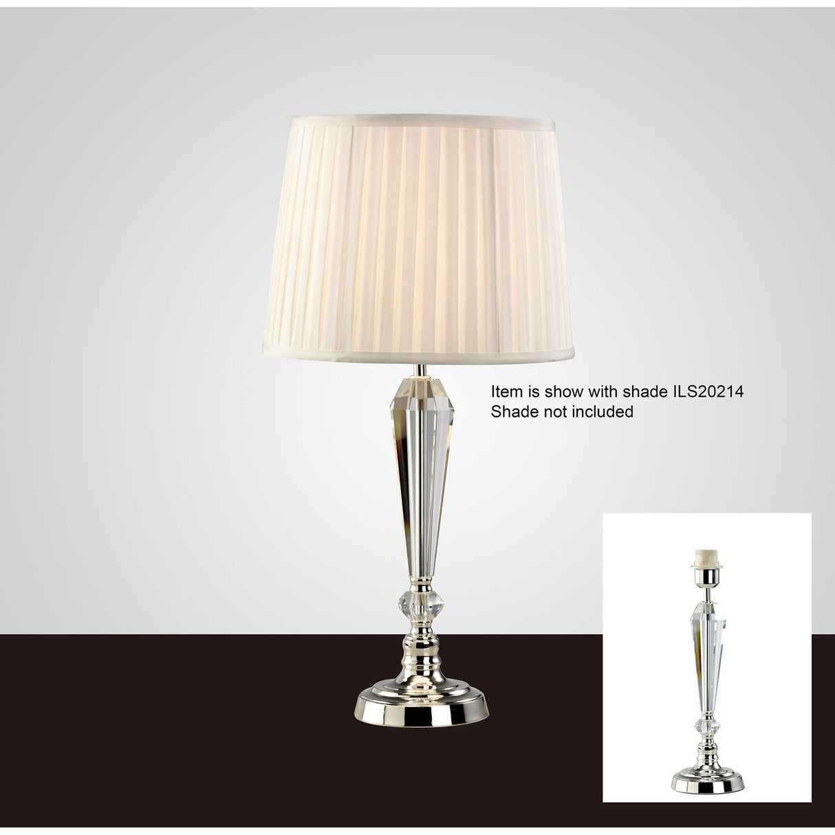 The Freya 1 Light Crystal Table Lamp features a silver base with clear, faceted glass. Shown with and without a shade; the white pleated lampshade (ILS20214) is not included. Product: Freya 1 Light Crystal Table Lamp - Silver Without Shade.