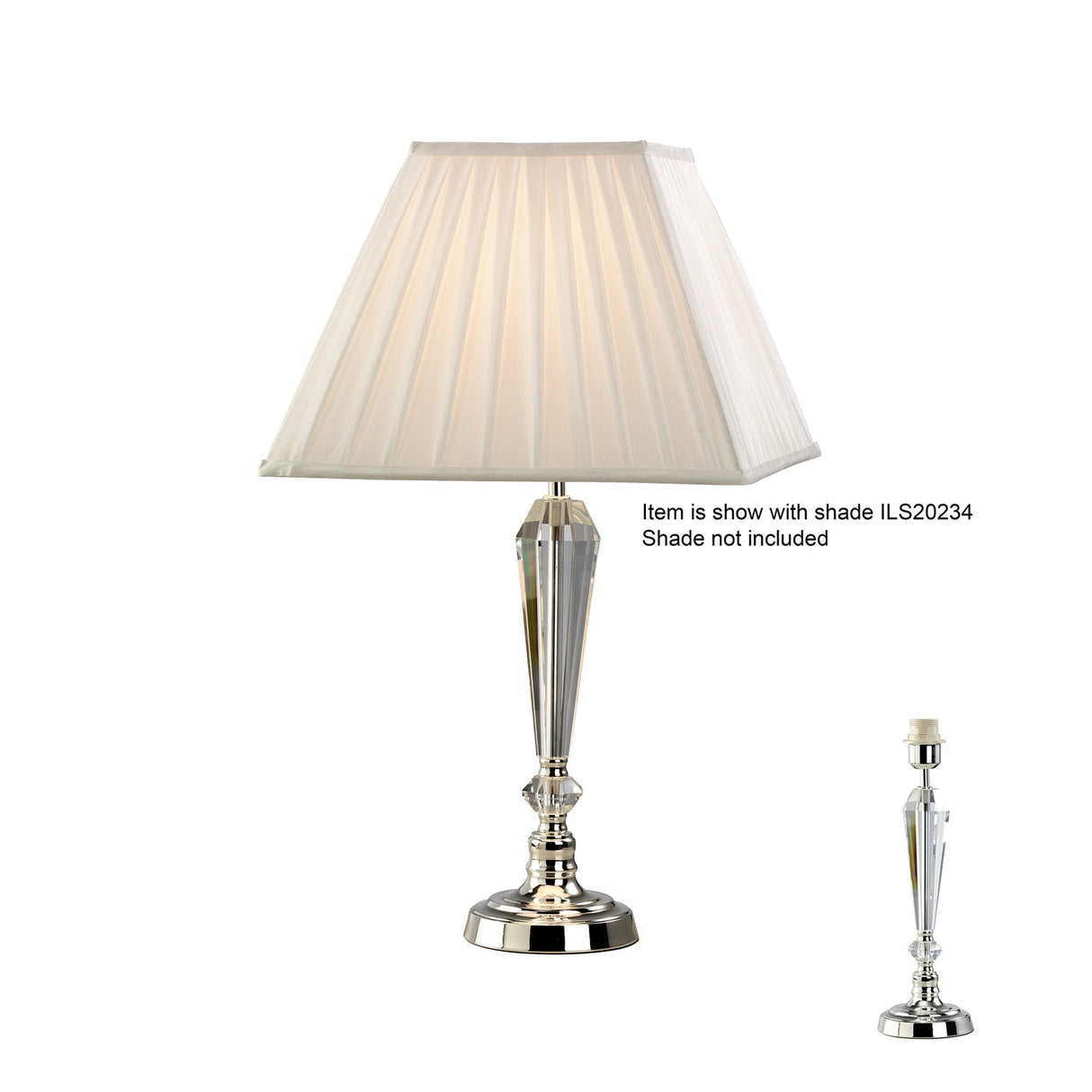 The Freya 1 Light Crystal Table Lamp in silver features a faceted transparent design for modern elegance. Sold without a shade, as shown in the small image—a pleated white lampshade is not included.