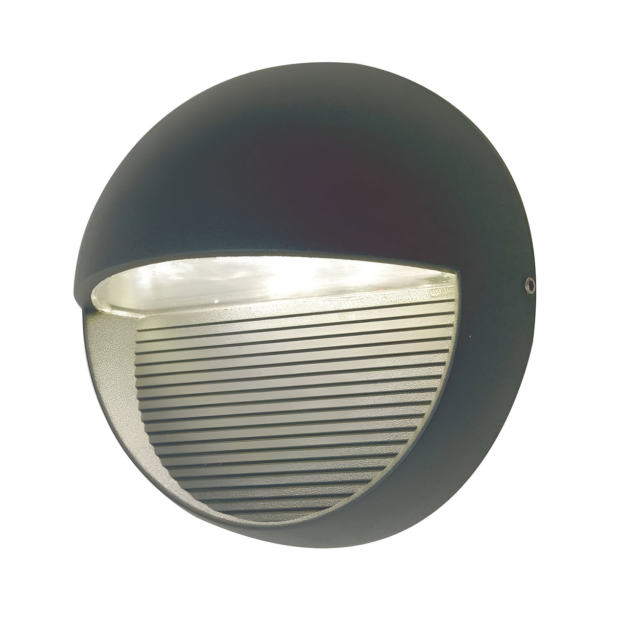 The Freyr Outdoor Round Wall Light in Graphite is a modern, semi-circular fixture featuring a ribbed, metallic-like surface with an illuminated top half. Its LED lamp housing directs light downward, providing a sleek and contemporary lighting solution.