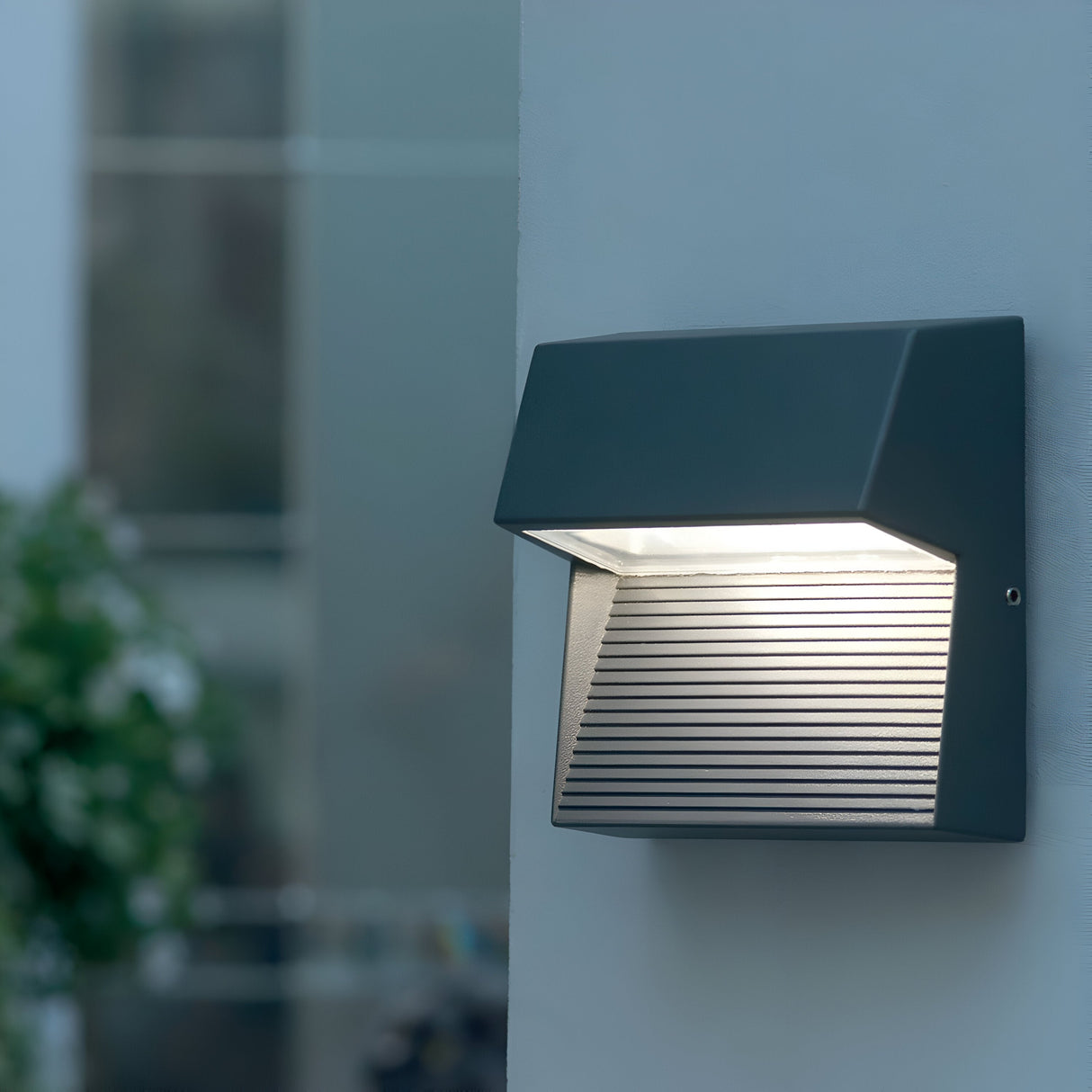 A close-up of the Freyr Outdoor Square Wall Light - Graphite, featuring a modern design with a dark frame made from durable die-cast aluminium. The light is mounted on a light-colored wall, casting illumination below, while blurred greenery gently enhances the background.
