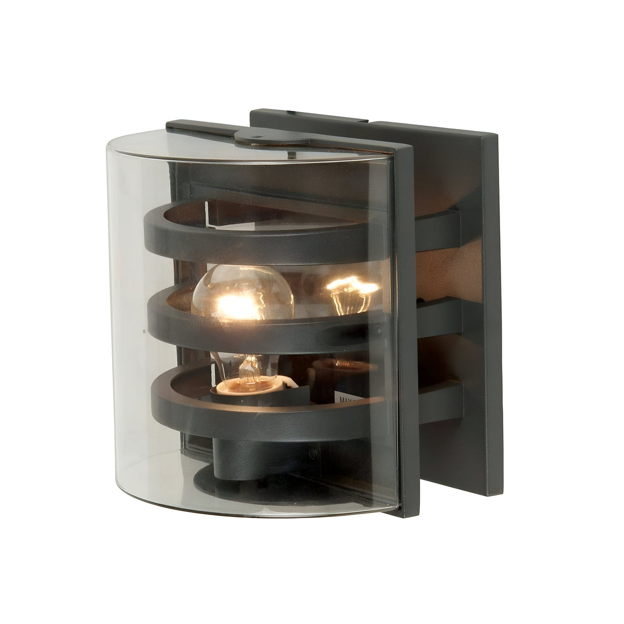 The Frida Outdoor Wall Light - Graphite is a contemporary outdoor fixture featuring a sleek black finish, crafted from durable die-cast aluminum. It boasts a cylindrical glass cover with exposed light bulbs on a rectangular base, showcasing its layered, open-frame design.