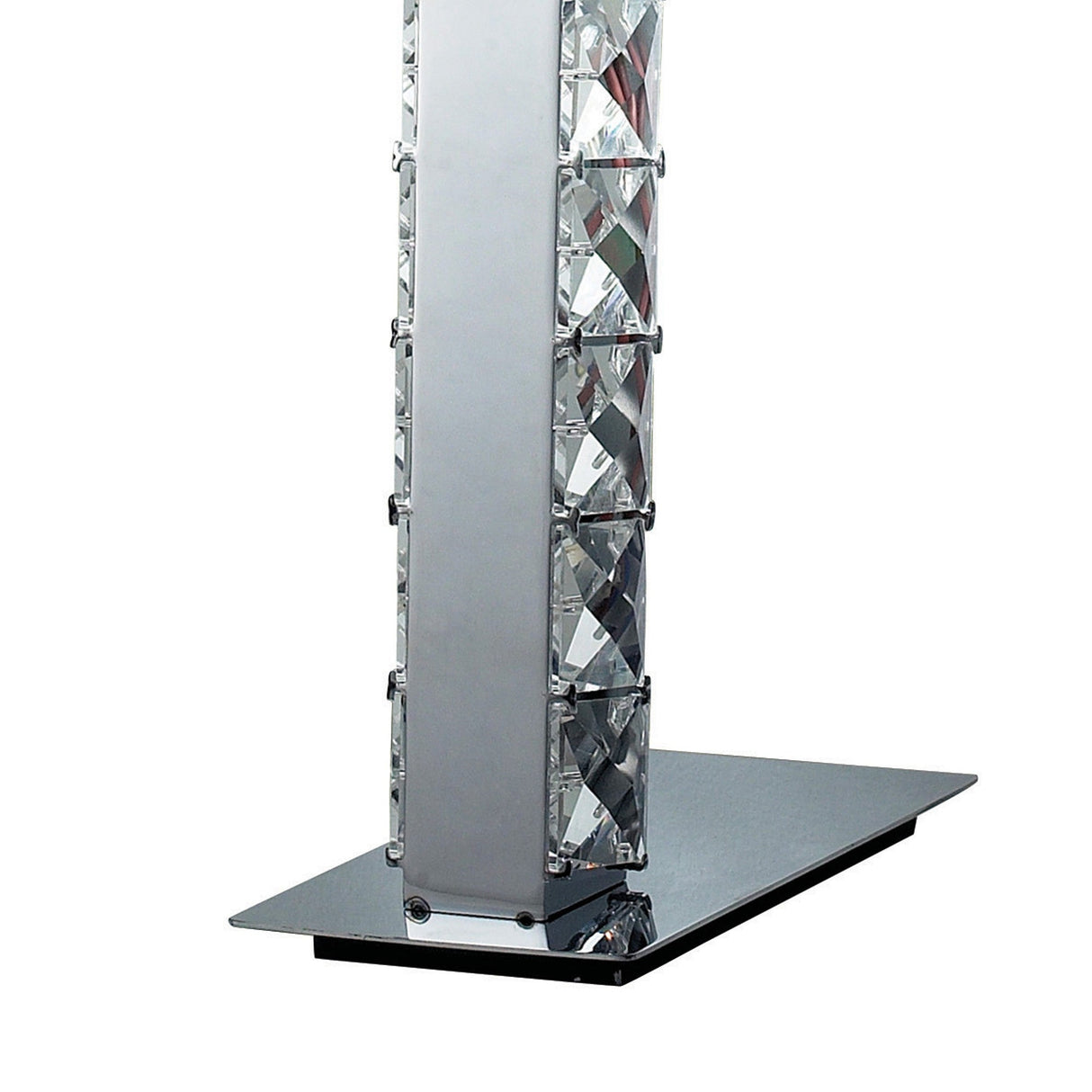 A close-up of the Galaxy LED Crystal Table Lamp 3W 6000K, showcasing its polished chrome base with clear square crystal accents on a rectangular mirrored platform.