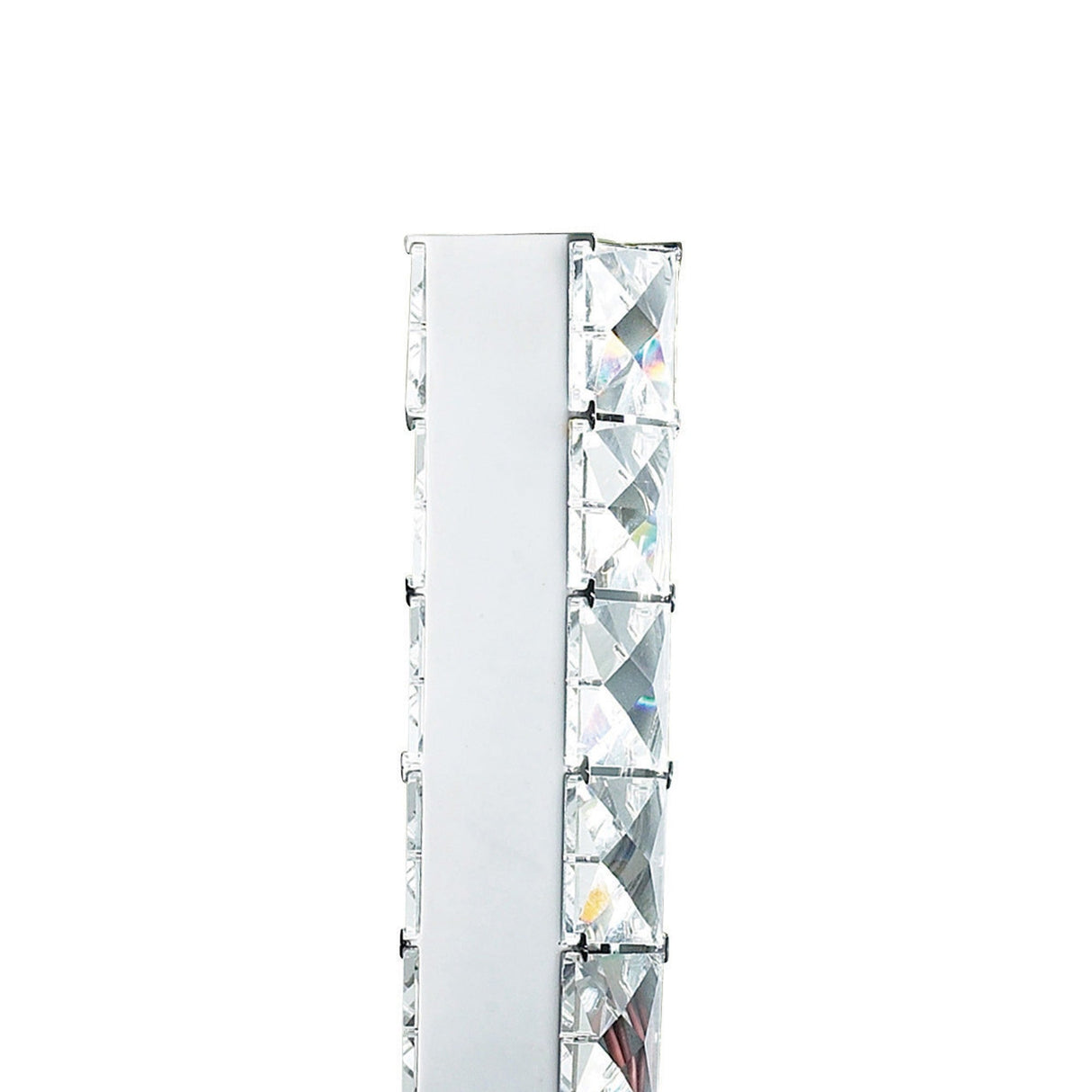 A close-up of the Galaxy LED Crystal Table Lamp 3W 6000K in polished chrome shows a rectangular metallic base with square, faceted crystal decorations arranged vertically, set against a white background.
