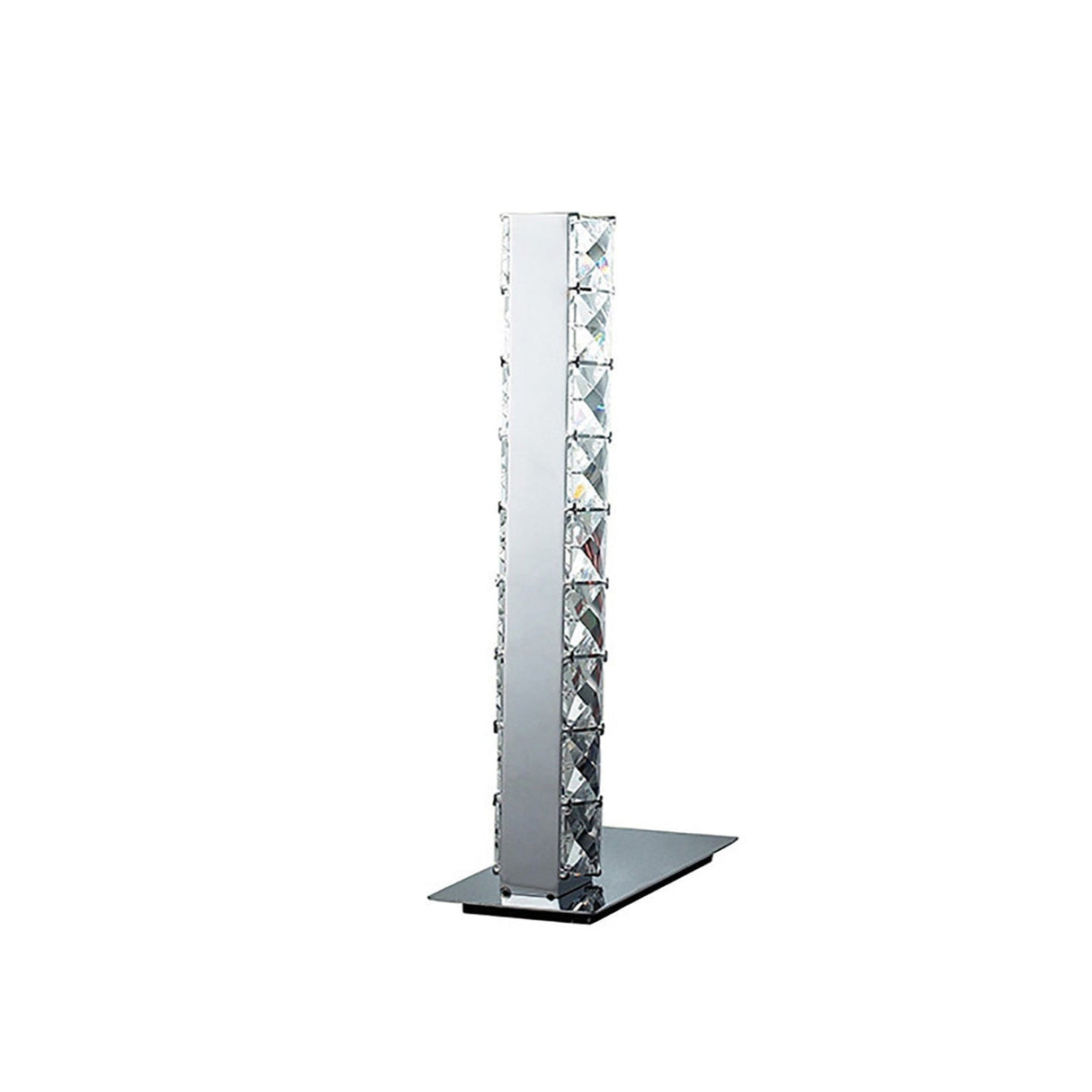 The Galaxy LED Crystal Table Lamp 3W 6000K in polished chrome features clear geometric crystal accents and a sleek vertical column design, making it a striking contemporary decorative light for any space.
