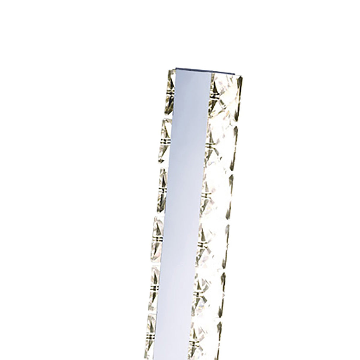 A close-up of the Galaxy LED Crystal Table Lamp 3W 4000K in polished chrome, a modern, rectangular energy-efficient lamp featuring crystal detailing, illuminated against a white background.