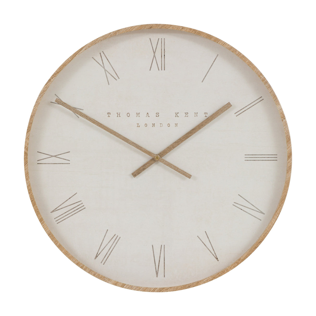 Gallery Direct Nordic Wall Clock 21in in Tofu, a round Thomas Kent London clock with pale wood rim, off-white dial, Roman numerals and wood-tone hands.