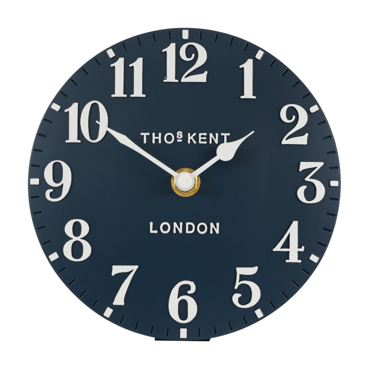 Gallery Direct Arabic Mantel Clock 6in in Ink navy with raised white Arabic numerals, slim hands and brass-tone centre pin on a plain background.