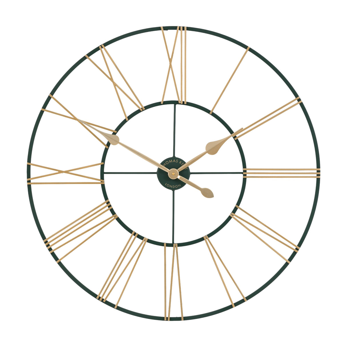 Gallery Direct Summer House Grand Skeleton Wall Clock in green with open metal frame, gold Roman numerals and tapered hands on a white background.