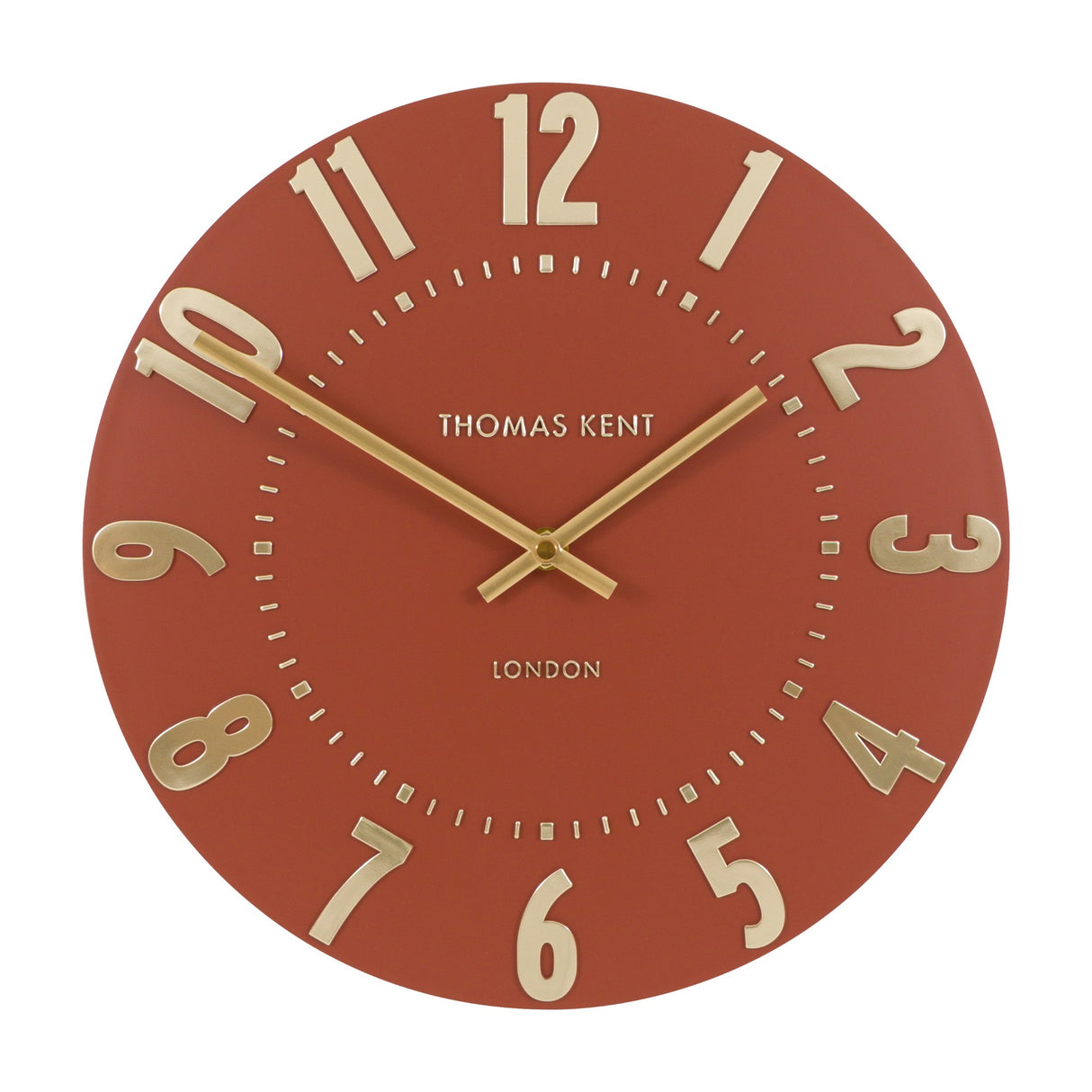 Thomas Kent Mulvorne Wall Clock in Auburn with raised gold-tone Arabic numerals, slim baton hands and a London-signed matt painted dial.