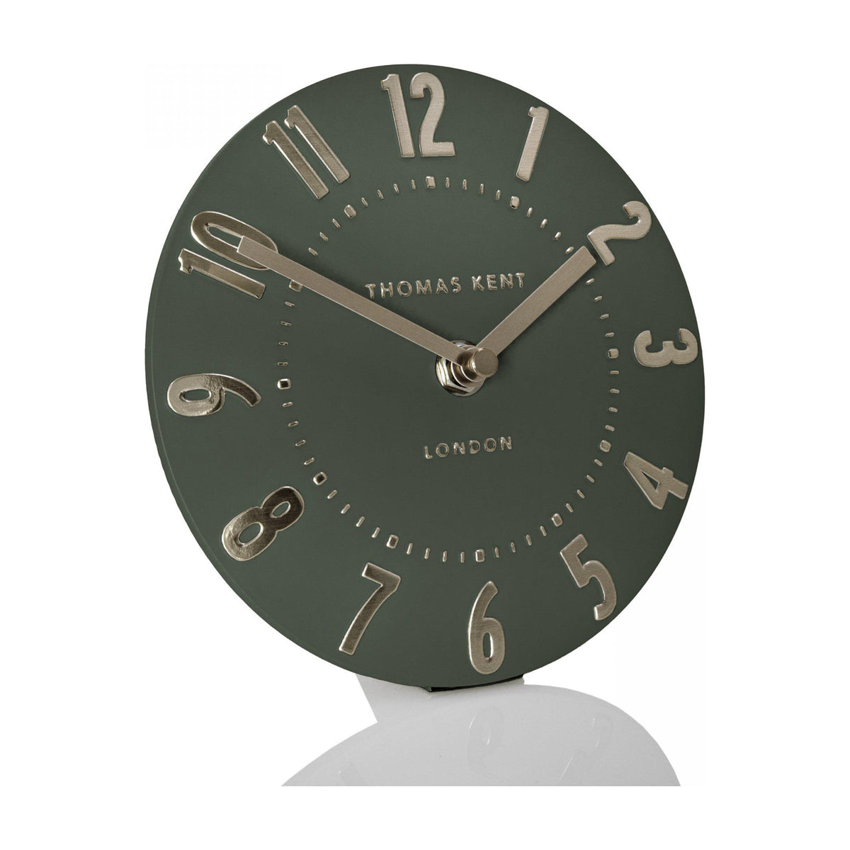 Gallery Direct Mulvorne 6 inch mantel clock with olive green dial, raised silver 3D Arabic numerals and slim metal hands on a plain white background.