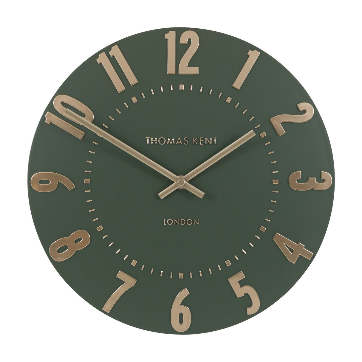 Gallery Direct Mulvorne Wall Clock by Thomas Kent in olive green with raised gold-tone Arabic numerals, slim baton hands and a London-signed matt dial.