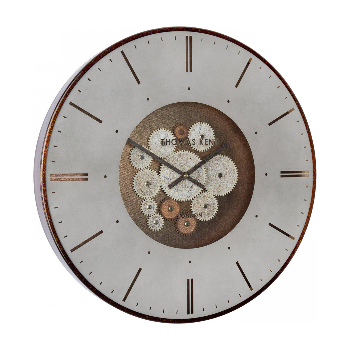 Gallery Direct Clocksmith round wall clock in bronze with exposed moving cogs, glass front, index markers and Thomas Kent London name on the dial.