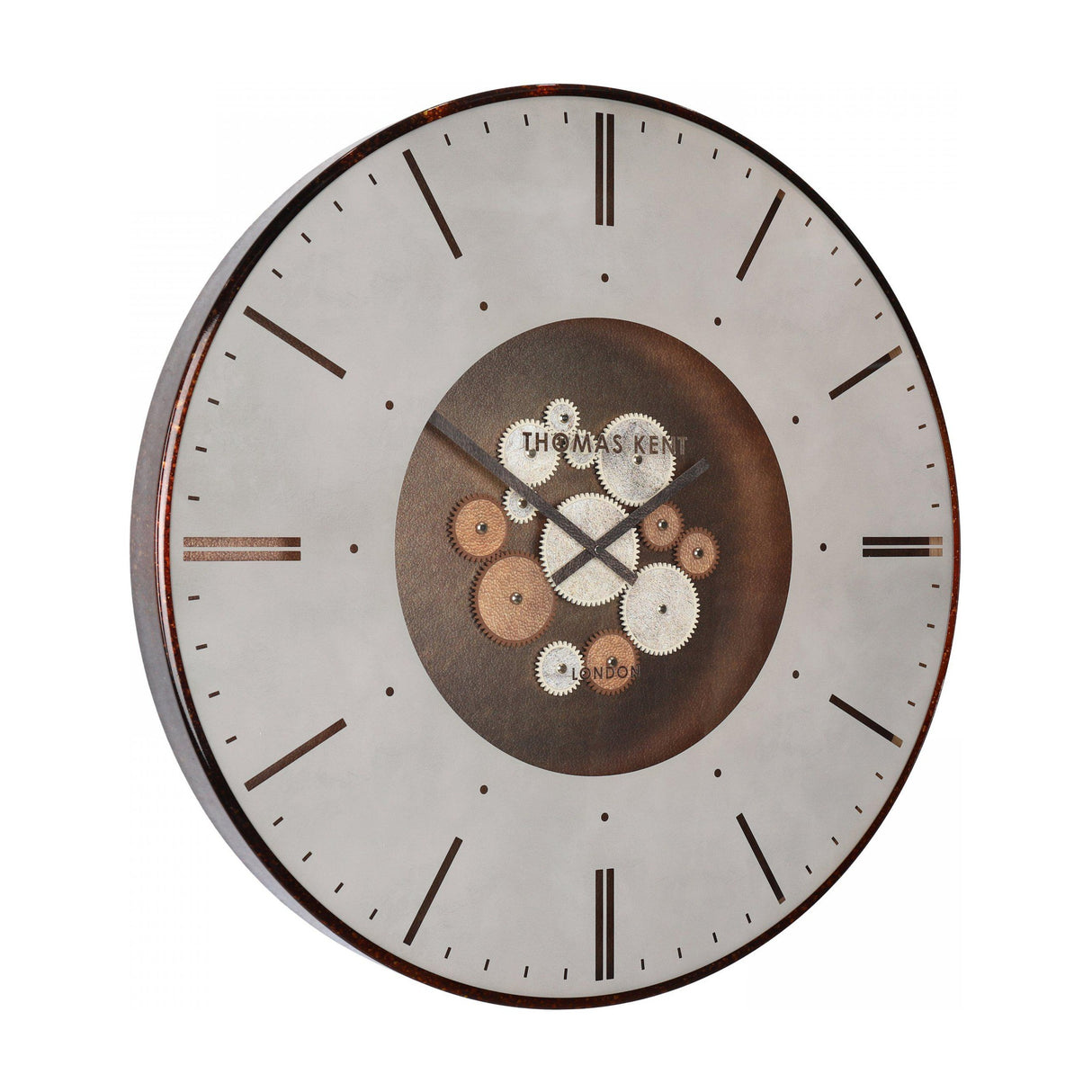 Gallery Direct Clocksmith Grand Cog round wall clock in bronze with exposed centre cogs behind glass, line and dot markers, and open cross hands.