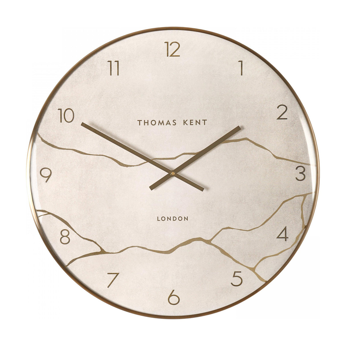 Gallery Direct Oysvane round wall clock with brushed gold rim, marbled stone dial, gold veining, Arabic numerals and tapered hands on a white background.