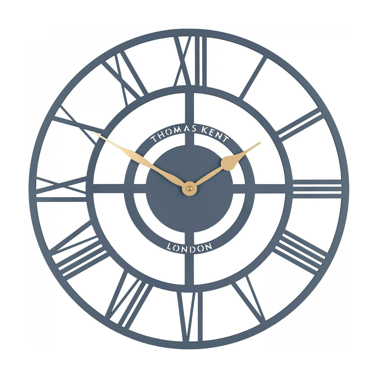 Bright Star Skeleton Wall Clock 16in in Deep Sea blue, with open Roman numeral dial and gold-toned hands on a plain background.