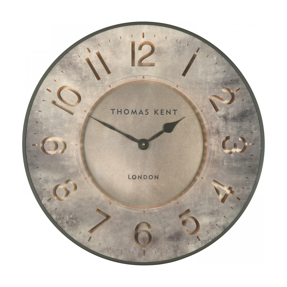 Gallery Direct Harvenne round wall clock with distressed cream and grey dial, raised gold Arabic numerals, black hands, and slim metal-look frame.