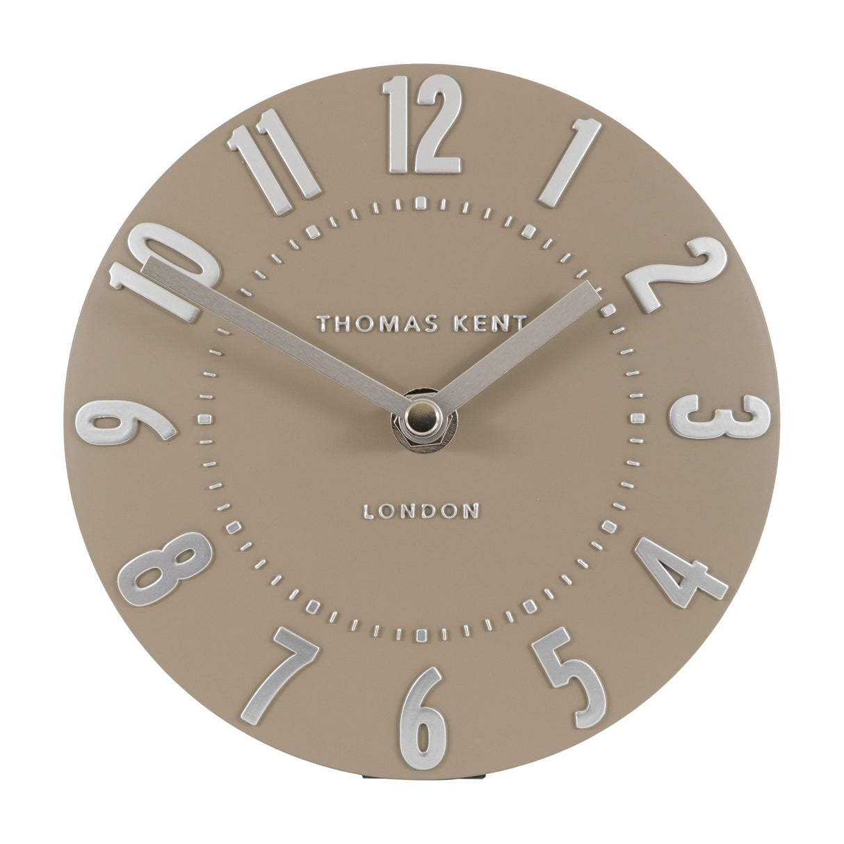 Gallery Direct Mulvorne 6 inch mantel clock with mocha face, raised silver 3D Arabic numerals and slim metal hands on a plain white background.