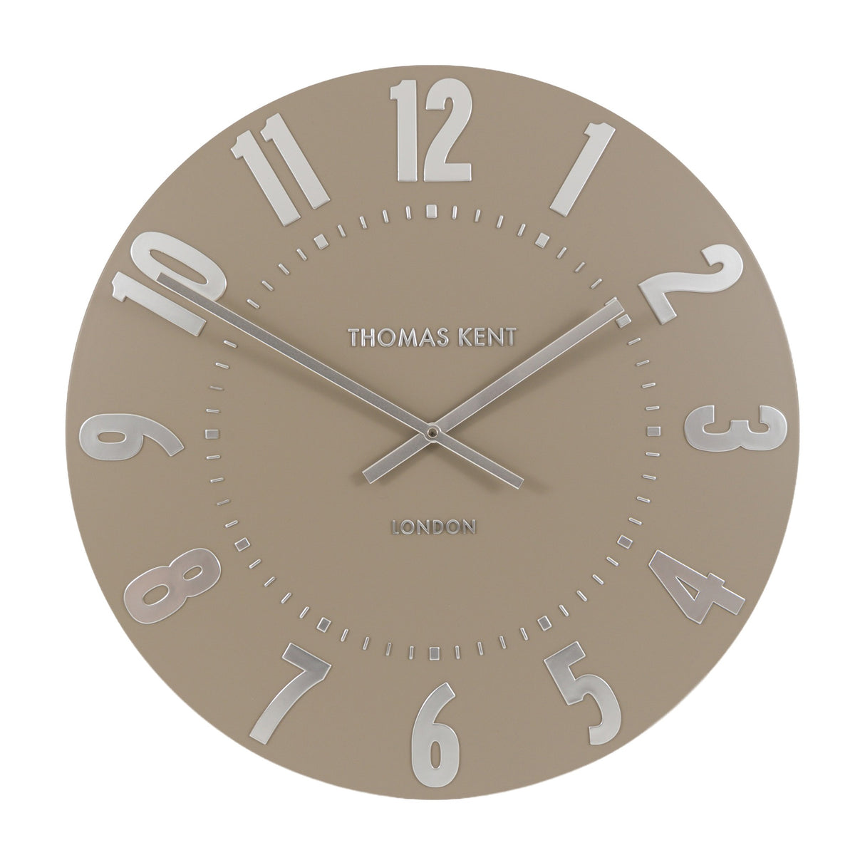 Mulvorne Wall Clock by Thomas Kent in a mocha finish with raised silver-tone Arabic numerals, slim baton hands and London-signed centre.