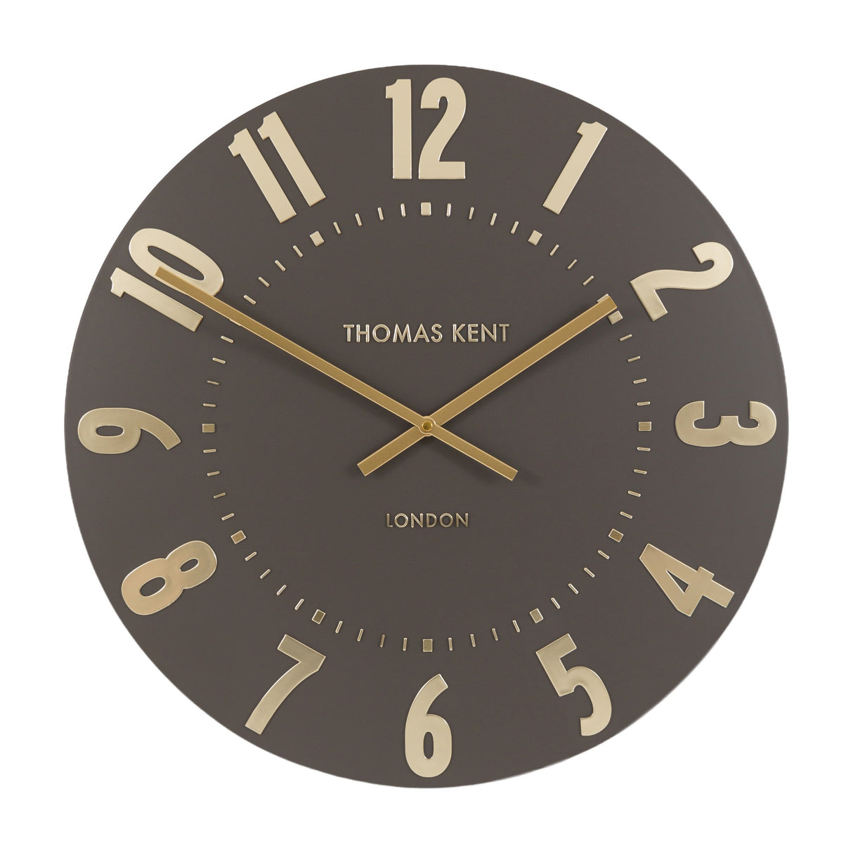 Gallery Direct Mulvorne Wall Clock by Thomas Kent in mocha with raised gold Arabic numerals and slim baton hands on a matt painted dial.