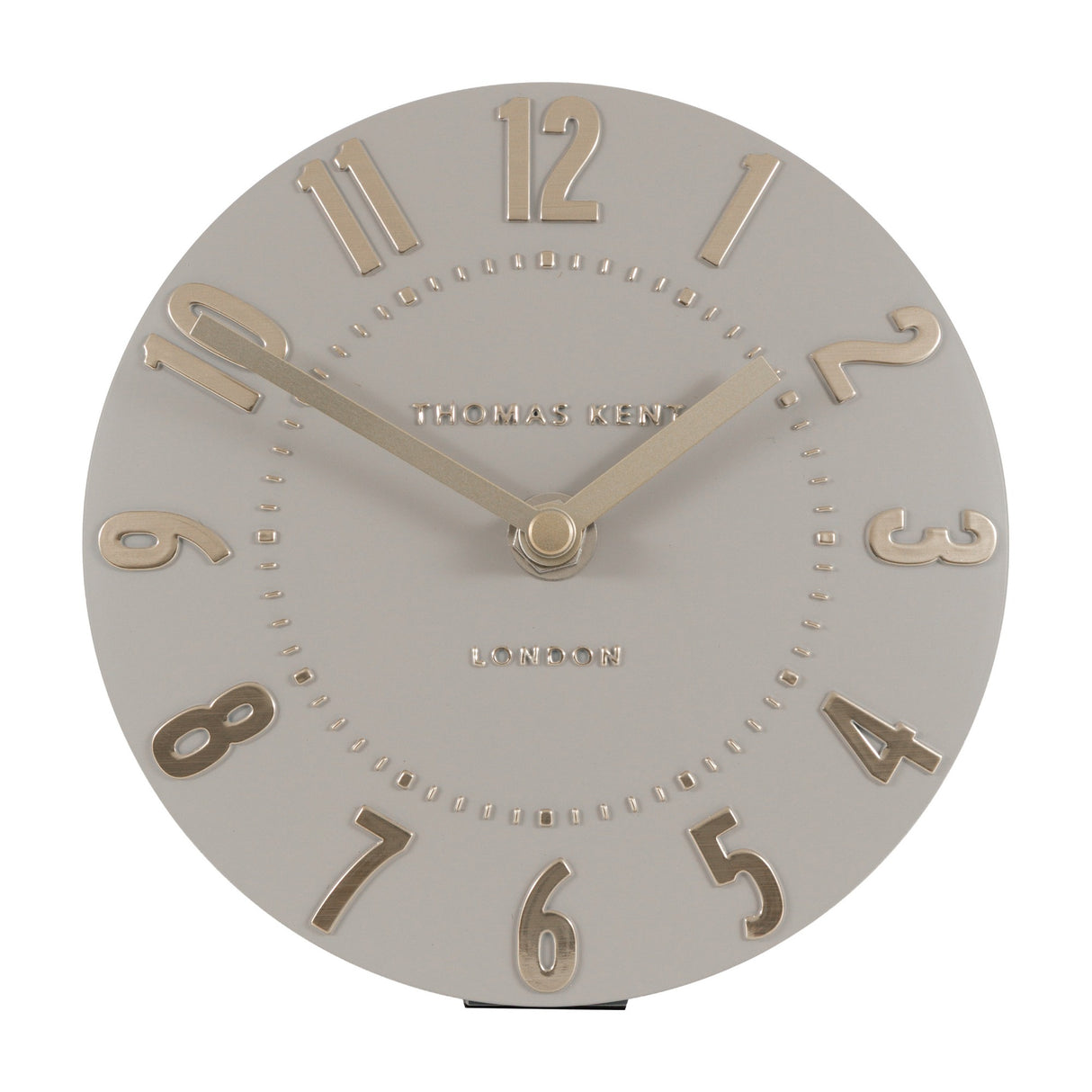 Gallery Direct Mulvorne 6 inch mantel clock with a round silver cloud grey dial, raised metallic Arabic numerals and slim hands, on a white background.