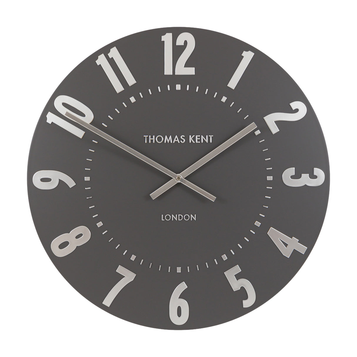 Mulvorne Wall Clock by Thomas Kent in graphite silver, angled view showing raised silver Arabic numerals, slim baton hands and matt painted dial.