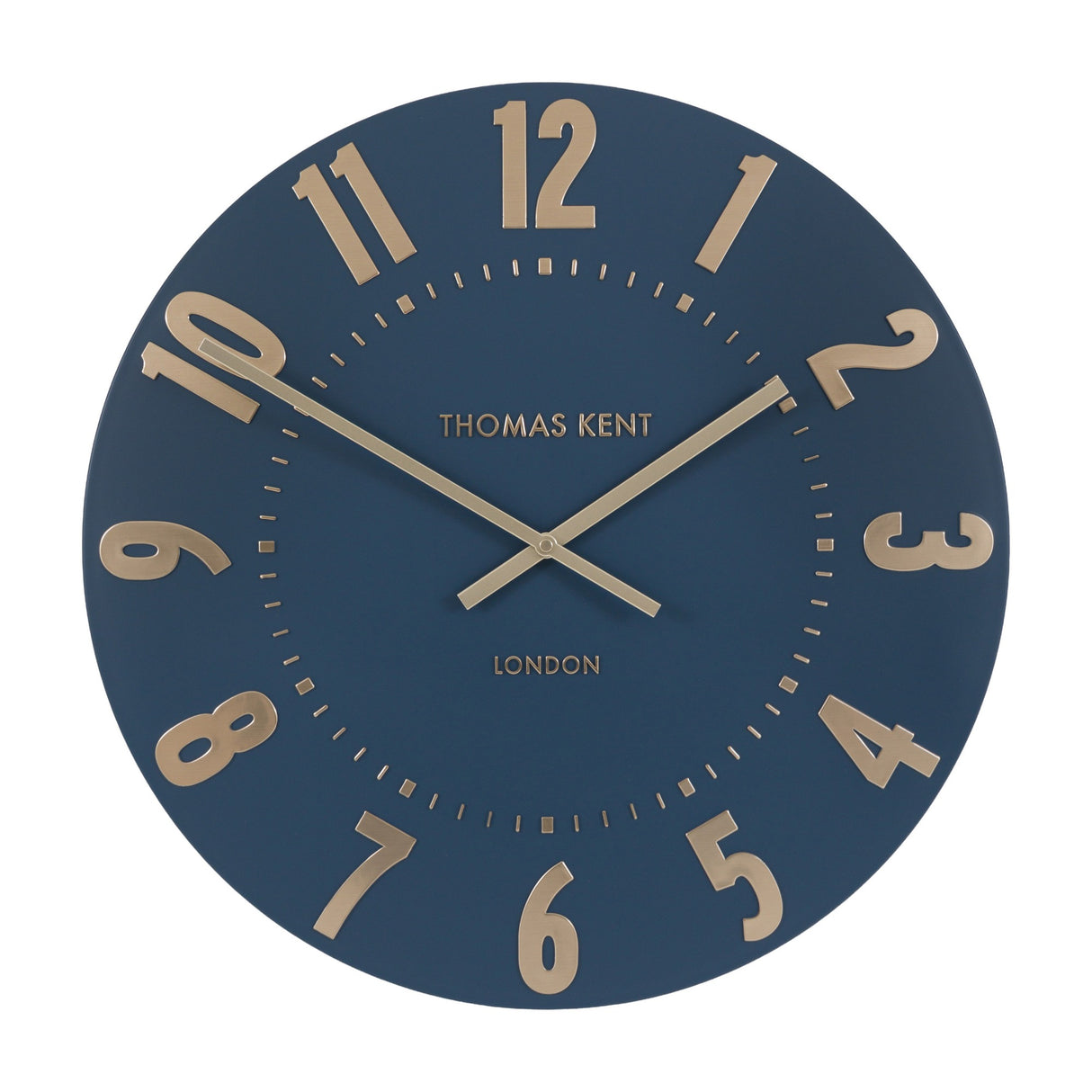 Mulvorne Wall Clock by Gallery Direct, a round Thomas Kent analogue clock with a midnight blue matt dial and raised gold-tone Arabic numerals.