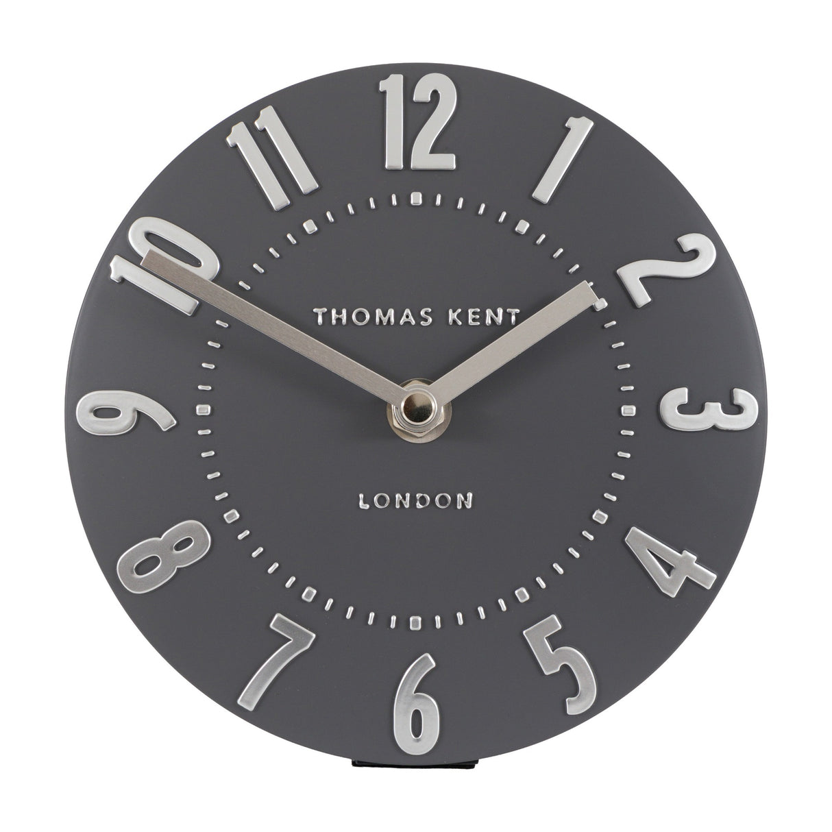Thomas Kent Mulvorne 6 inch mantel clock in graphite grey with raised silver 3D Arabic numerals and slim metal hands on a plain background.