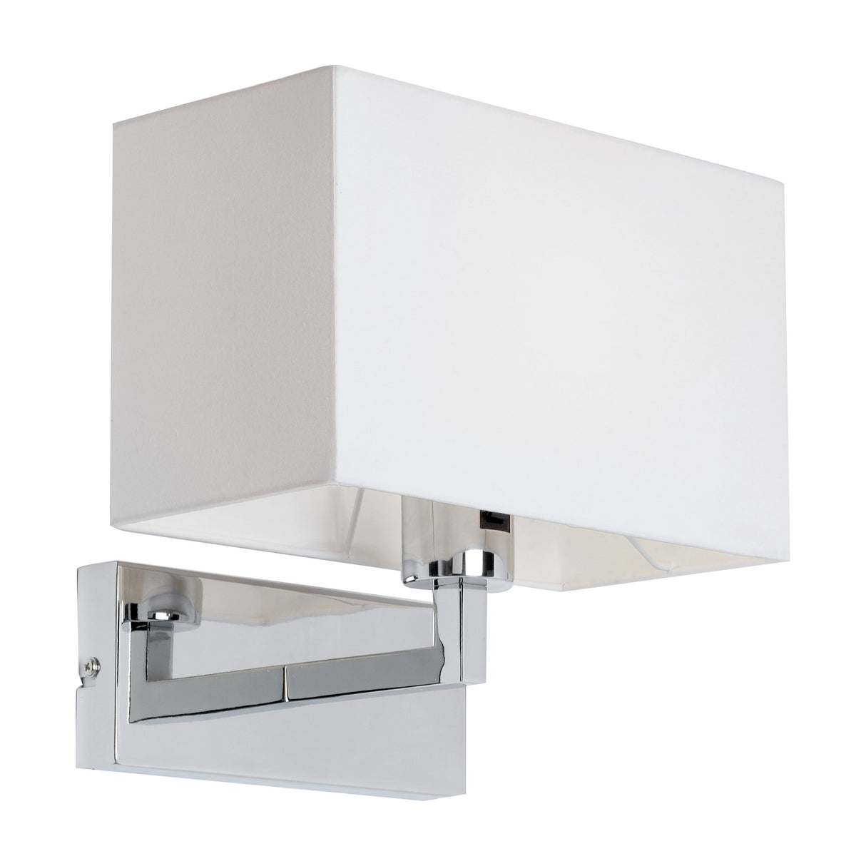 Gallery Direct Pivanne wall light with a rectangular white fabric shade on a slim chrome arm bracket, shown on a plain white background.