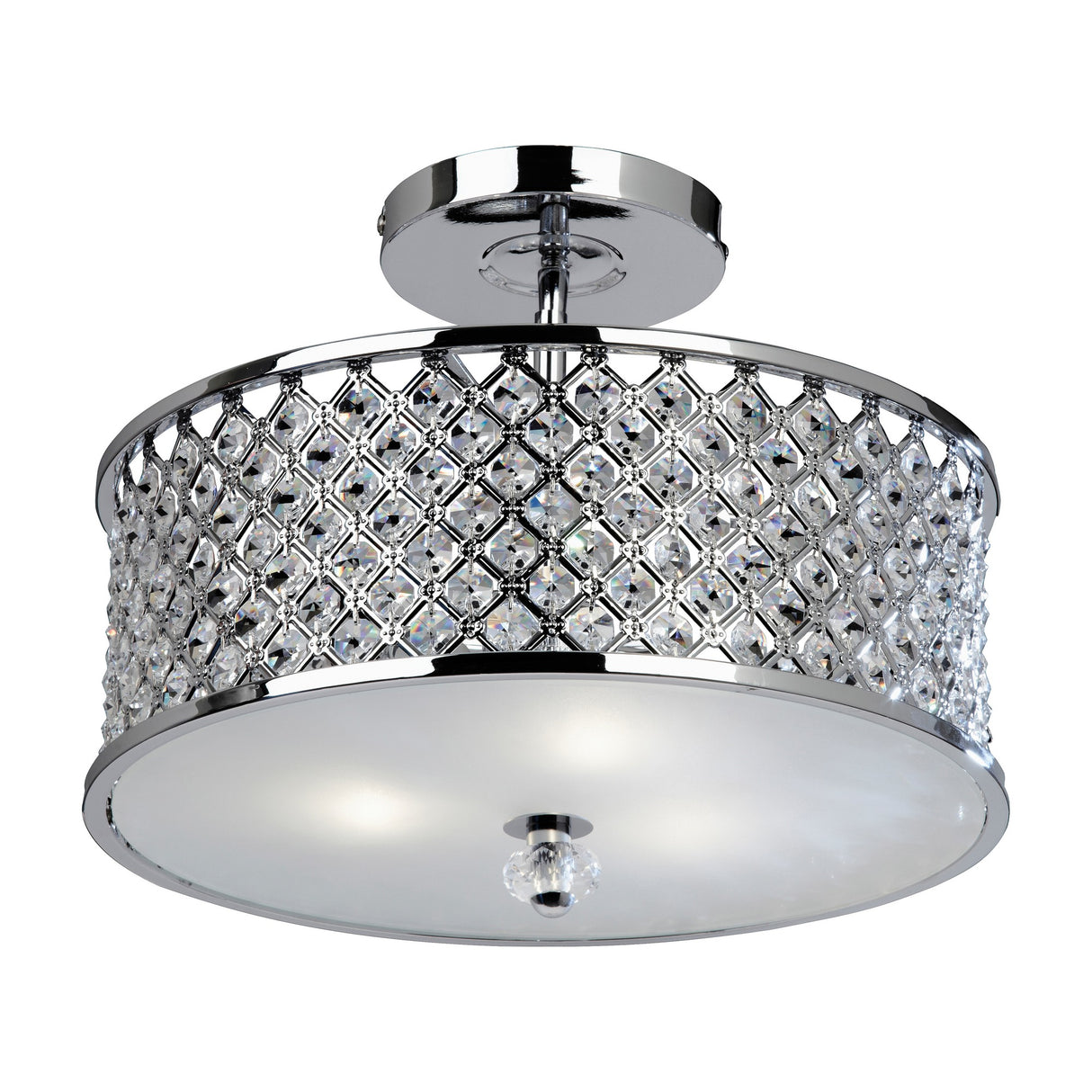 Gallery Direct Hudvane 3-light semi-flush ceiling light with chrome drum frame, diamond lattice of clear crystals and frosted glass diffuser.