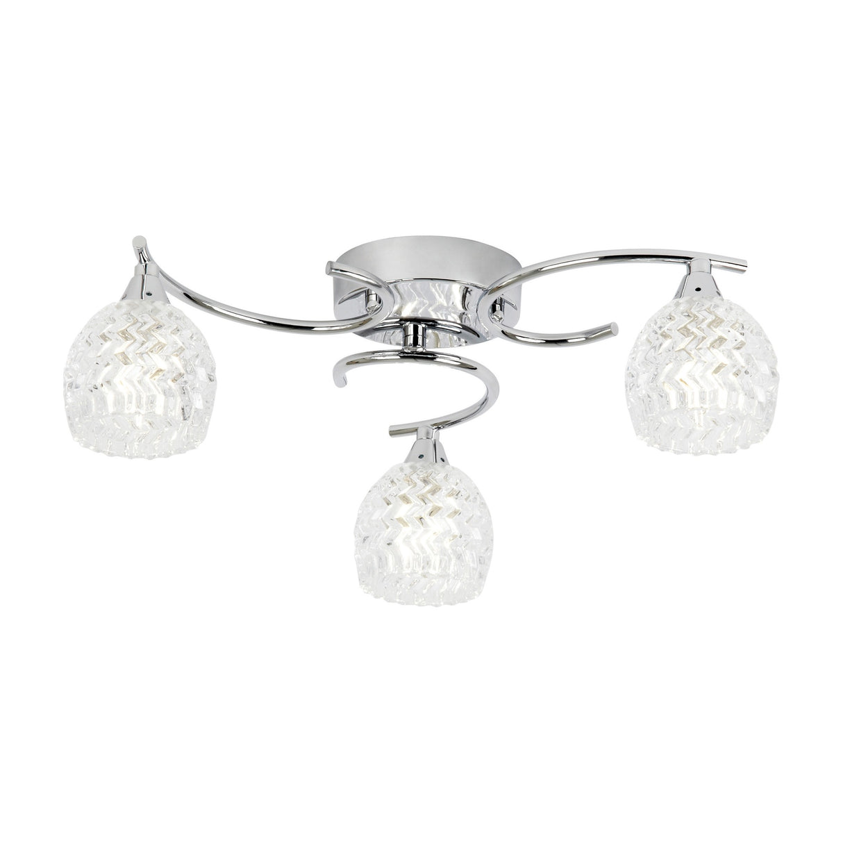 Gallery Direct Boryana 3 Light Ceiling Lamp in chrome with curved arms and textured clear glass shades, shown on a plain white background.