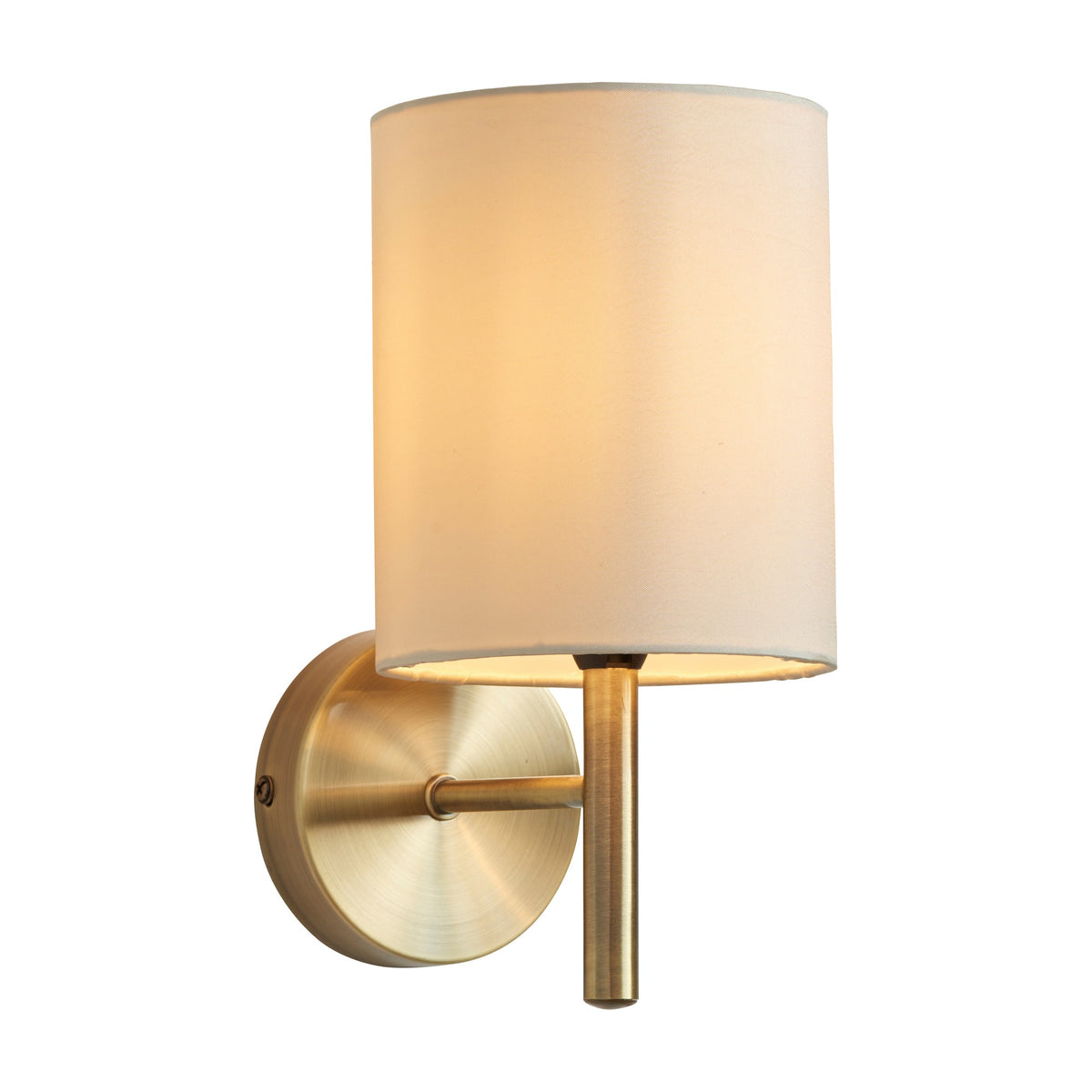 Gallery Direct Brovenna Wall Light with a cream fabric cylinder drum shade on a slim antique brass arm and round back plate.