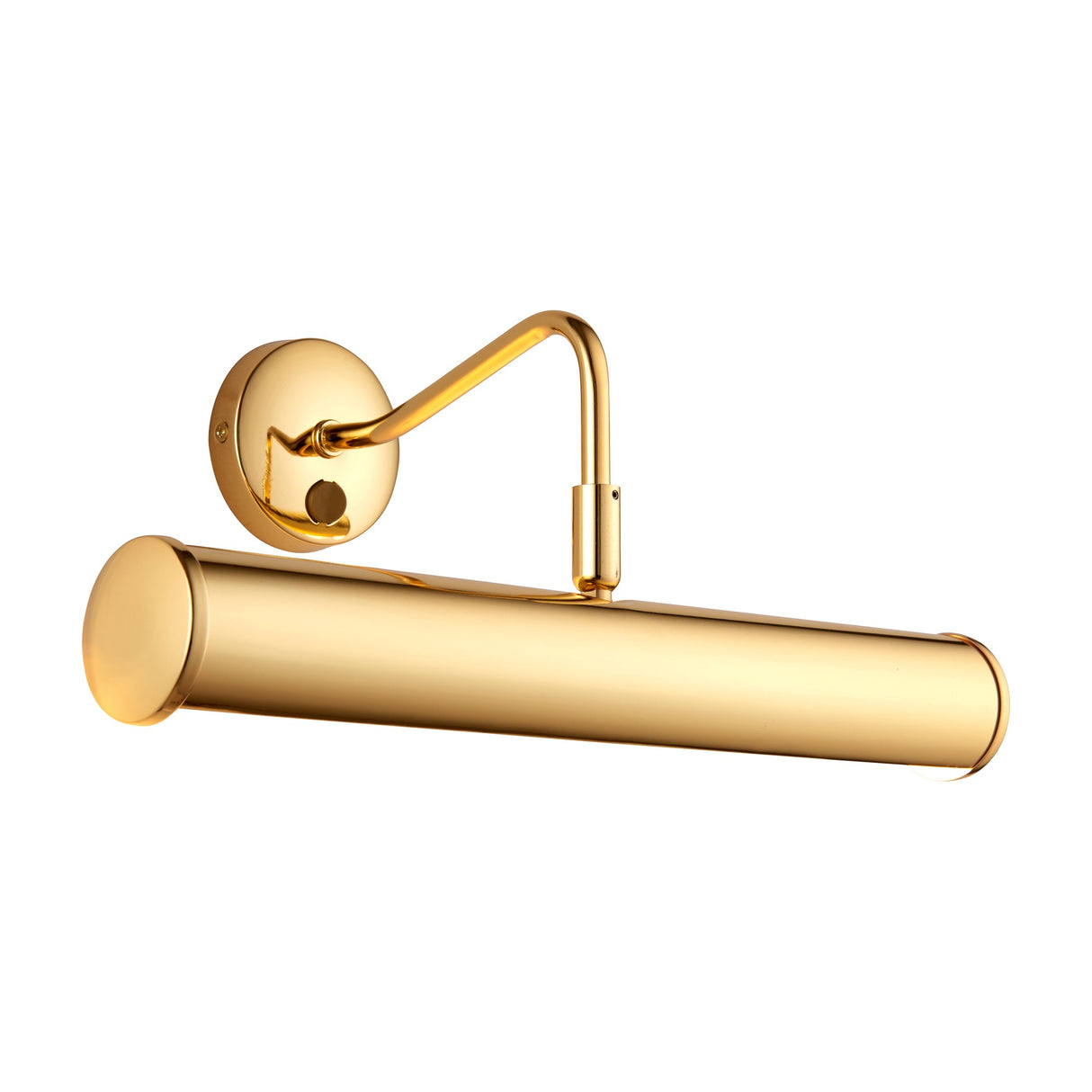 Gallery Direct Turvale Adjustable Picture Wall Light in polished brass with tubular twin-lamp shade, curved arm and round backplate switch, on white.