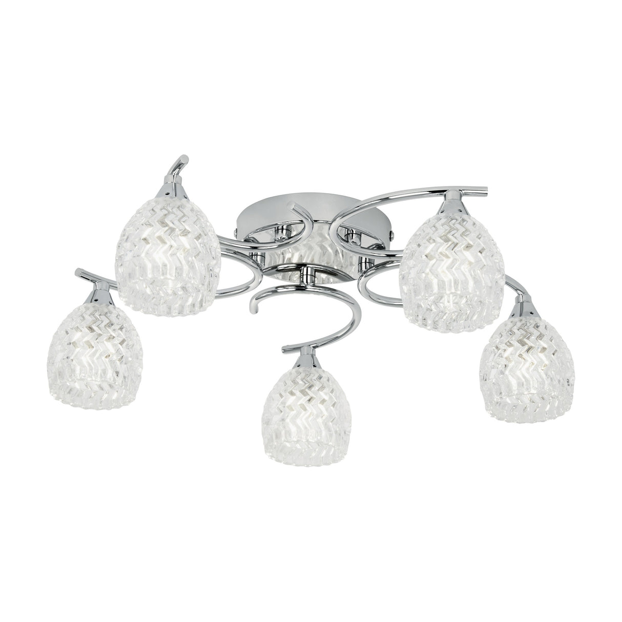Gallery Direct Boryana five-light semi-flush ceiling light with chrome spiralling arms and textured moulded clear glass shades on a white background.