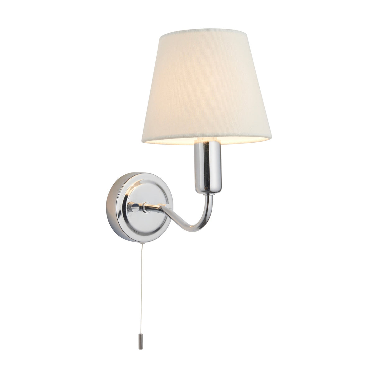 Gallery Direct Convaine bathroom wall light with curved chrome arm, cream tapered fabric shade, and integrated pull cord on a white background.