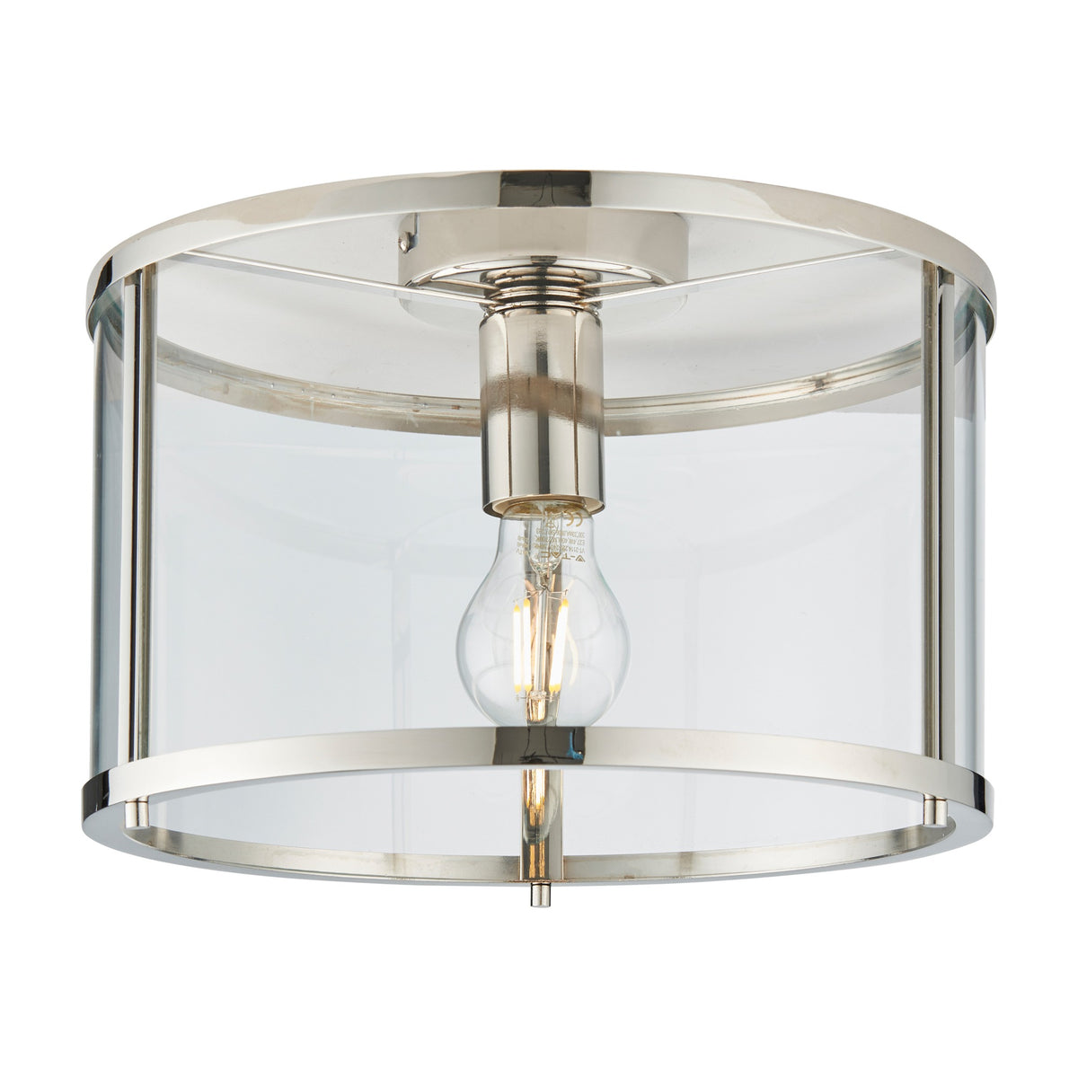 Gallery Direct Hoplora Flush Ceiling Light with brushed nickel drum frame, clear glass shade and single E27 filament bulb on a white background.