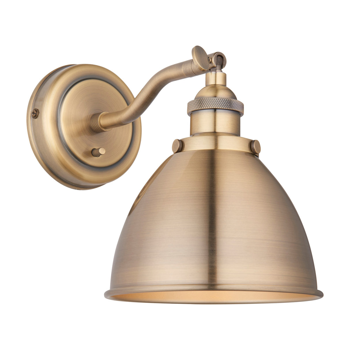 Fravien Wall Light by Gallery Direct, a compact industrial-style fitting with domed steel shade, adjustable arm and knurled collar in antique brass finish.