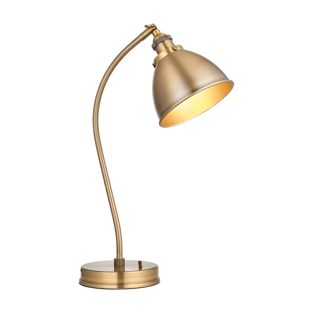 Gallery Direct Fravien Adjustable Table Lamp in antique brass with curved arm, domed tilting shade and weighted round base on a white background.