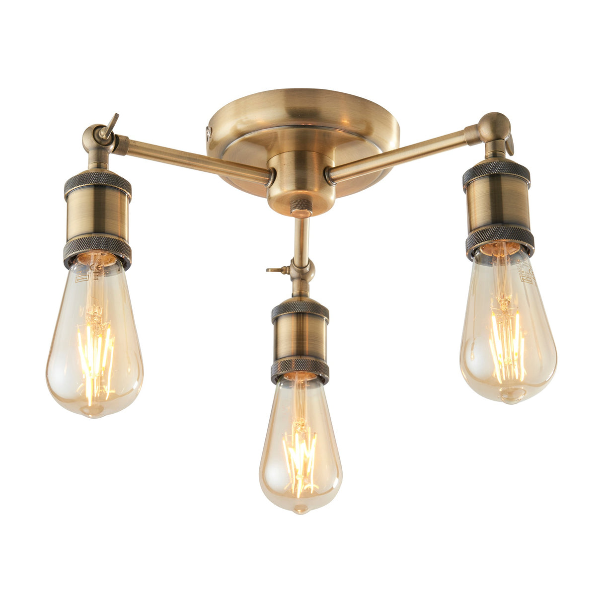 Gallery Direct Halvane Industrial 3-light semi-flush ceiling light in antique brass with adjustable arms and exposed E27 teardrop filament bulbs.