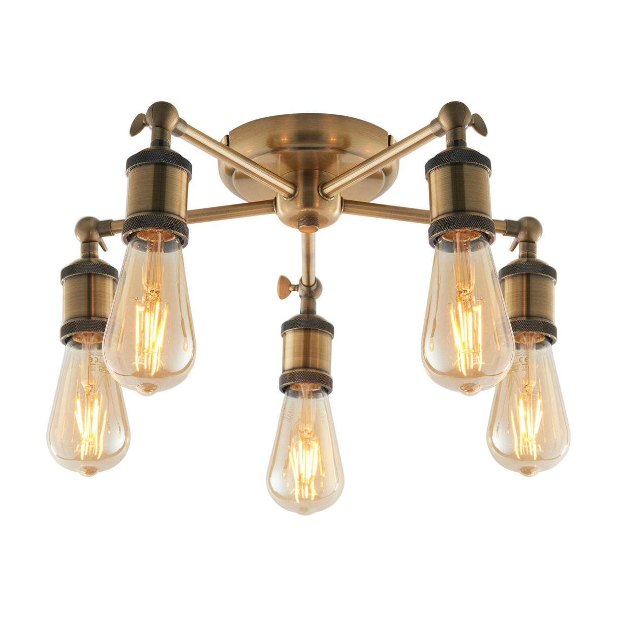 Gallery Direct Halvane Industrial 5 Light Semi-Flush Ceiling Light in antique brass with exposed filament bulbs on radiating arms, plain background.
