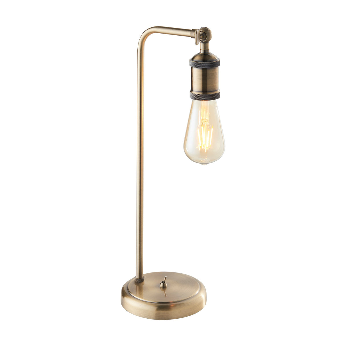 Gallery Direct Halvane Industrial Table Lamp in antique brass with slim upright stem, knurled holder, exposed E27 filament bulb and round base switch.