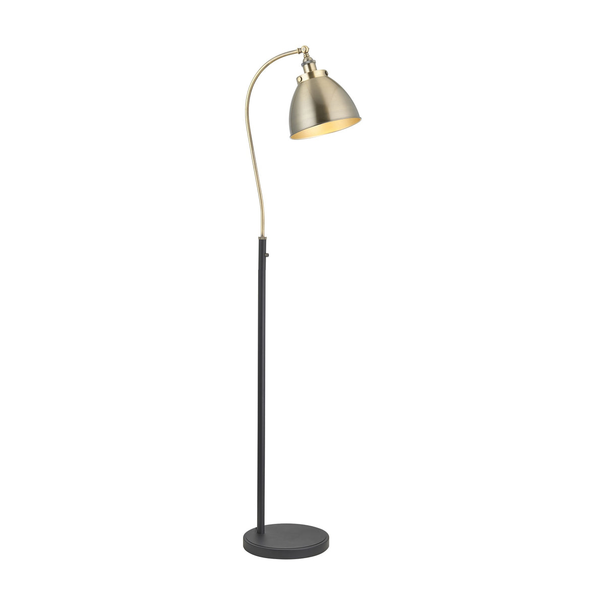 Gallery Direct Fravien Adjustable Floor Lamp in antique brass with a curved arm, domed metal shade and weighted black stem and base, on white.