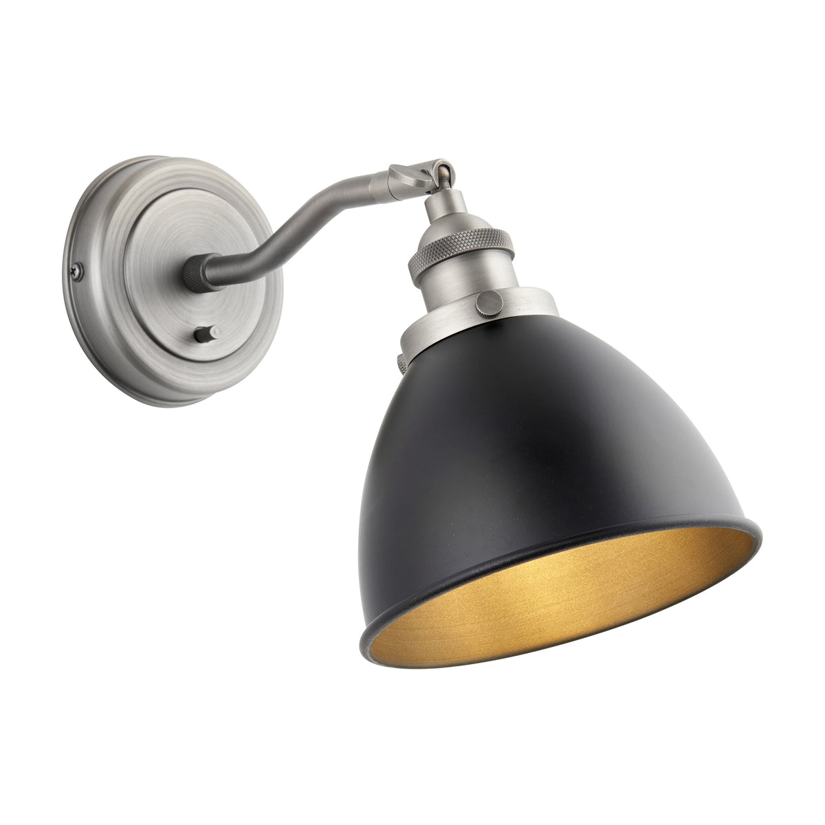 Fravien Wall Light by Gallery Direct with matt black domed steel shade, pewter adjustable arm, knurled collar and round backplate.