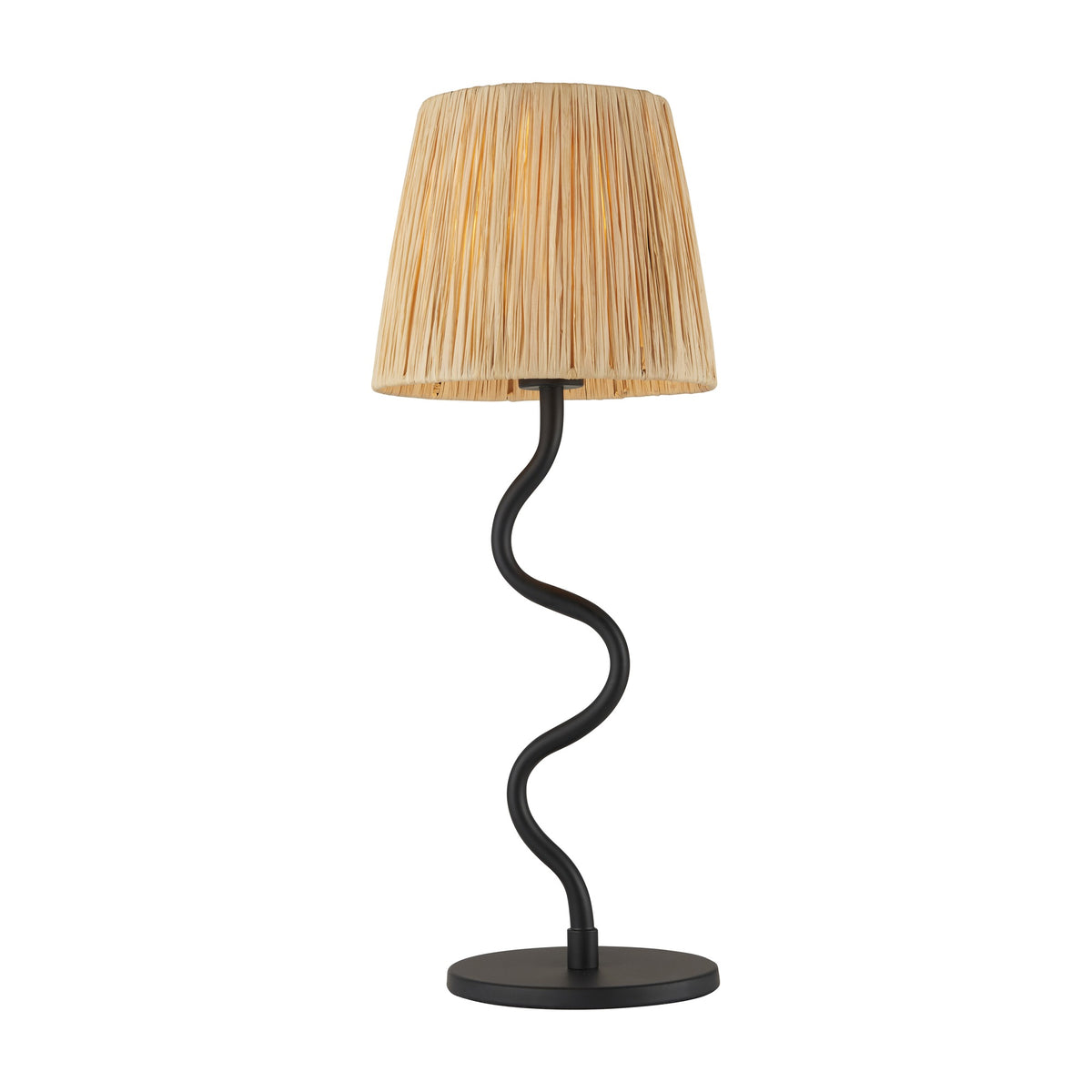 Gallery Direct Ombressa Table Lamp with a wavy black metal stem on a round base and tapered natural raffia drum shade, on a white background.