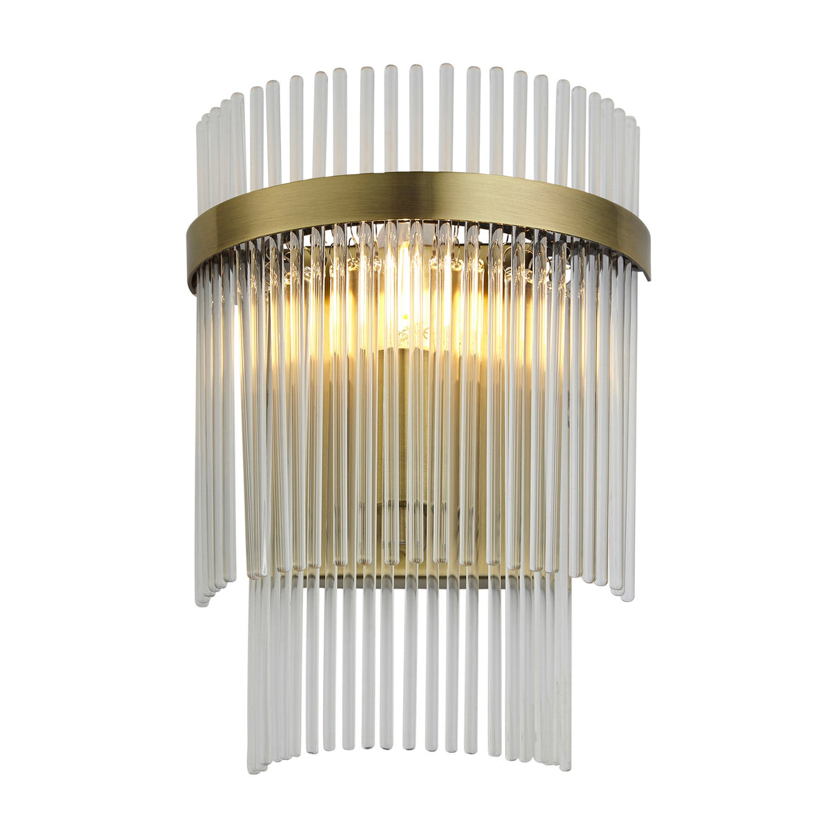 Gallery Direct Vantessa Wall Light with two tiers of clear glass rods and a curved antique brass band, lit by a single bulb, on a white background.