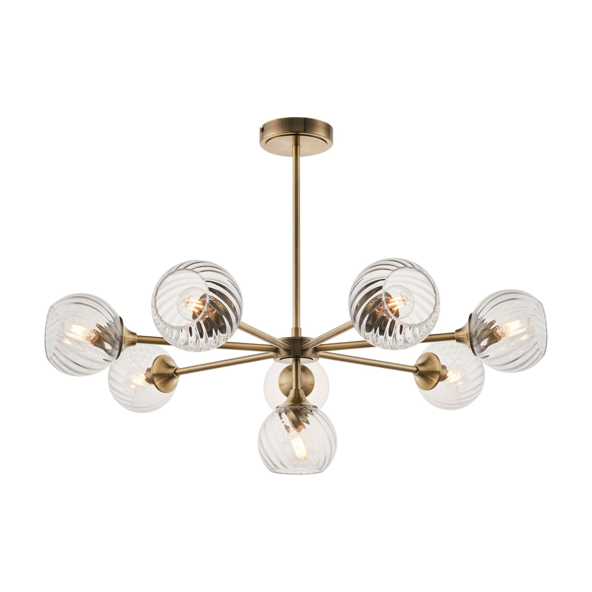 Gallery Direct Amalise 8 Light Pendant with swirled clear glass globes on staggered antique brass sputnik arms and ceiling rod.