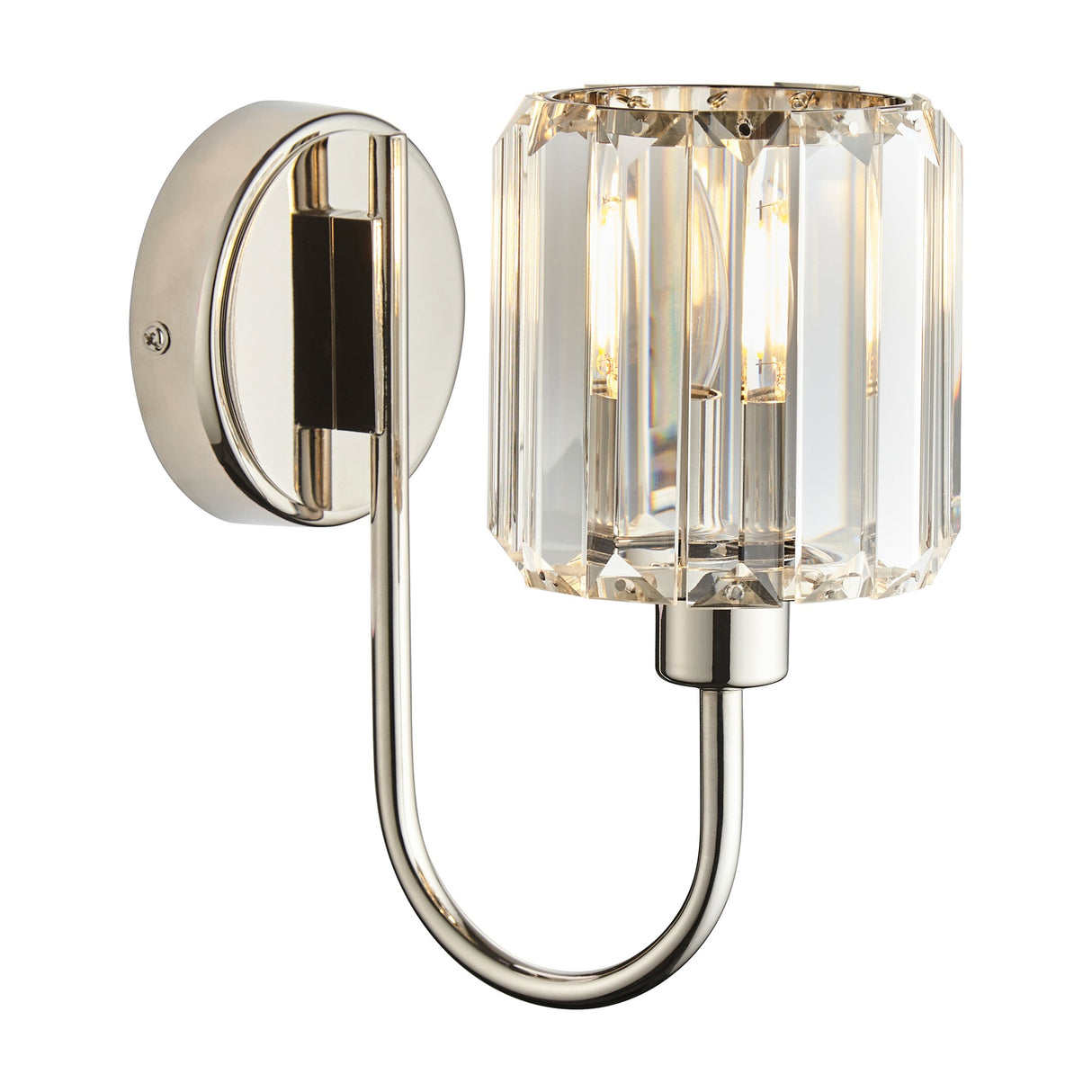 Gallery Direct Veranelle wall light with curved bright nickel arm and faceted crystal glass shade, lit bulb visible, on a plain white background.