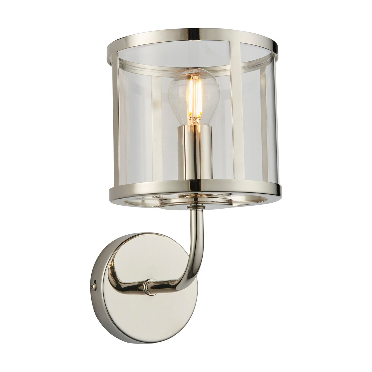 Gallery Direct Hoplora Wall Light with a bright nickel cylindrical cage frame, clear glass shade, curved arm, round backplate, and exposed filament bulb.